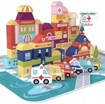 Dřevěná hračka Dřevěné kostky - město Auta Montessori 135 ks