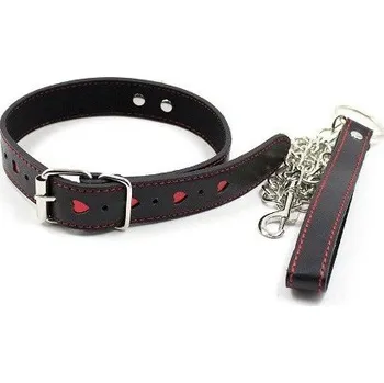 SM BDSM obojek na krk s vodítkem, řetízkem, karabinou a srdíčky Černá Univerzální