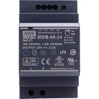 PoE injektor Zdroj Mean Well HDR-60-24 na DIN lištu, 24V, 2,5A HDR-60-24
