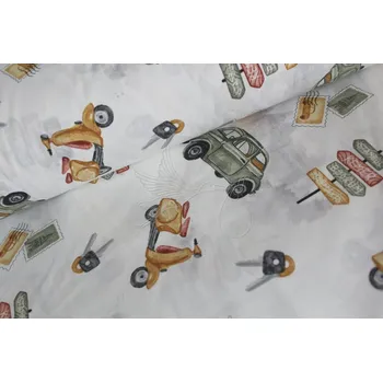 Retro auto - zelené - bavlněné plátno de luxe, šíře 240cm