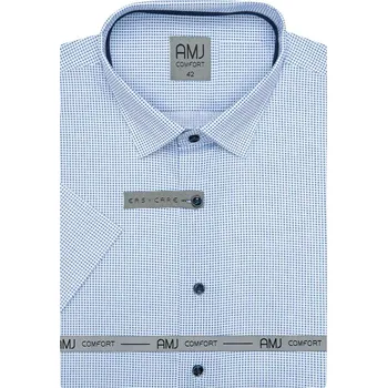 Pánská košile AMJ bavlněná, bílá s modrými tečkovanými křížky VKSBR1206, krátký rukáv, slim-fit, vel. 38