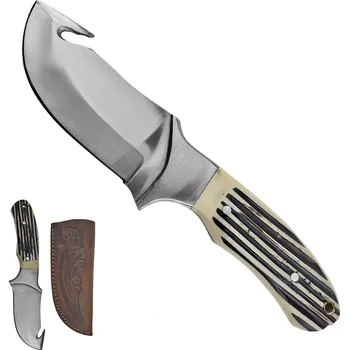 Bojový nůž PAK Masivní pevný nůž s hákem "HEAVY GUT" s koženým pouzdrem