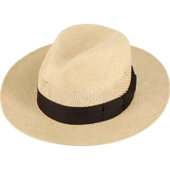 Klobouk Fiebig - Headwear since 1903 Letní béžový slaměný klobouk Fedora - ručně pletený - s hnědou stuhou - Panamský golfový klobouk Velikost: 55 cm (S)