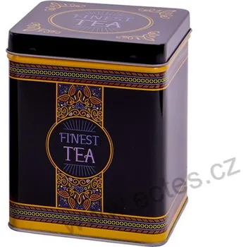Dóza na potraviny FINEST TEA černá plechová dóza na čaj 7418 žluté a fialové ozdobné ornamenty