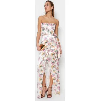 Dámské šaty Trendyol Vícebarevné dvouřadé lemované pletené saténové květinové vzory Dlouhé večerní večerní šaty Trendyol krémová | tmavě červená 2305892