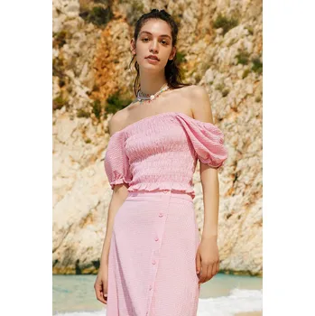 Dámská halenka DEFACTO Slim Fit Halenka s čtvercovým límečkem a krátkými rukávy DEFACTO růžová 2207791