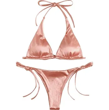 Dámské plavky Dámské plavky dvojdílné saténové "T-string" Barva: Růžová, Velikost: M