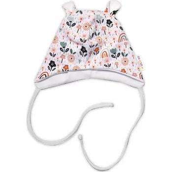 Baby Nellys Kojenecká čepička s oušky na zavazování - Palouček, bílá, Velikost koj. oblečení 68-74 (6-9m)