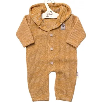 Kojenecký overall Pletený overálek s kapucí a knoflíčky Hand Made, medový žihaný, Velikost koj. oblečení 56-62 (0-3m)