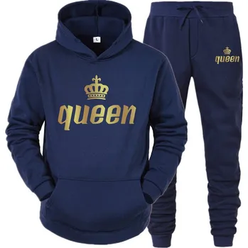 Dámská párová tepláková souprava s potiskem Queen Barevná varianta: Modrá mikina - modré kalhoty, Velikost: M