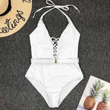 Dámské plavky Dámské jednodílné plavky s páskem a hlubokým výstřihem Barevná varianta: Bílá, Velikost: M