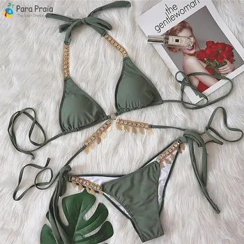 Dámské plavky Dámské plavky dvojdílné "T-string" se zlatým zdobením Barva: zelená, Velikost: M