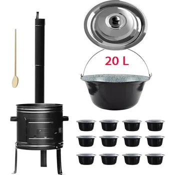 Kempingové nádobí Smaltovaný kotlík 20 L (0,8 mm) + kovová kotlina 42 KOV + vařečka + plastové boxy (misky) s víkem 12 ks