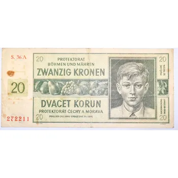 Sběratelství 20 Koruna - Krone 1944 (Protektorát Čechy a Morava) bankovka