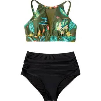 Dámské plavky Dámské plavky dvojdílné s vysokým pasem a průsvitným výstřihem (9-16) Barva: zelené květy (B5058-2), Velikost: S