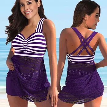 Dámské plavky Dámské plavky dvojdílné "Plus Size" tankiny s perforováním a pruhy Barva: fialová ( 8352-purple), Velikost: XXXL