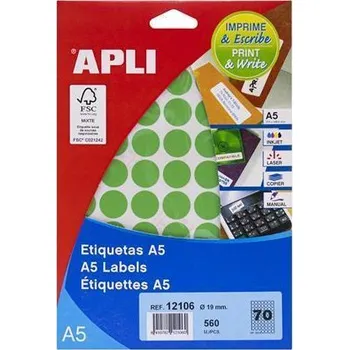 Samolepící etiketa Etikety, kruhové, zelená, průměr 19mm, 560 ks/bal., A5, APLI