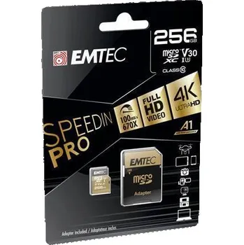 Paměťová karta Paměťová karta "SpeedIN", microSDXC, 256GB, UHS-I/U3/V30/A2, 100/95 MB/s, adaptér, EMTEC ECMSDM256GX