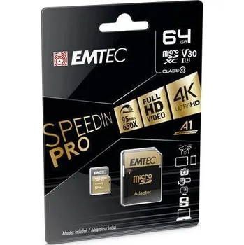 Paměťová karta Paměťová karta "SpeedIN", microSDXC, 64GB, UHS-I/U3/V30/A2, 100/95 MB/s, adaptér, EMTEC ECMSDM64GXC1
