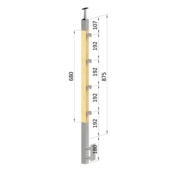 Zábradlí KOVIAN, s.r.o. Dřevěný sloup, boční kotvení, 4 řadový, průchozí, vnitřní, vrch pevný (40x40 mm), materiál: buk, broušený povrch bez nátěru