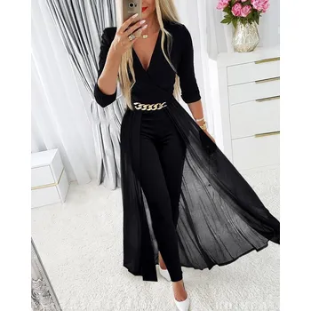 Dámské kalhoty Elegantní overal s hlubokým výstřihem do "V" s dlouhým závojem Velikost: XL