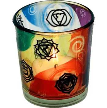 Svícen Milujeme Kameny Svícen skleněný - pestrobarevný s čakrovými motivy 1071