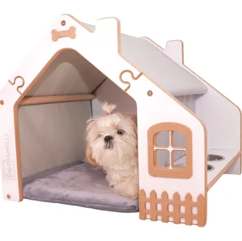 Pelíšek pro psa Dřevěný domeček pro psa s mističkami - šedý