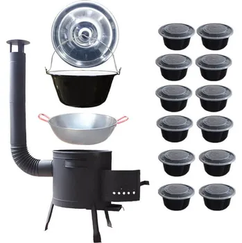 Kempingové nádobí Smaltovaný kotlík 22 L + pánev PAELLA (WOK) 45 cm + nízká kotlina 42 PLUS 600 + nerezová poklice + plastové boxy (misky) s víkem 12 ks