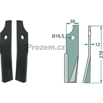 Pracovní nůž Frézovací rotační nůž pravý pro Kuhn, 51933800, -/16,5/270 mm