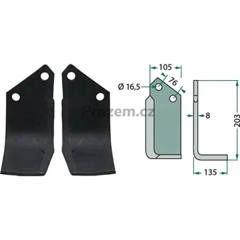 Fréza Frézovací zahnutý nůž levý pro Kuhn, 52359100, 76/16,5/203 mm