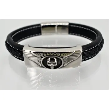 Náramek Pánský kožený náramek Sed – lebka na destičce z chirurgické oceli, 22 cm