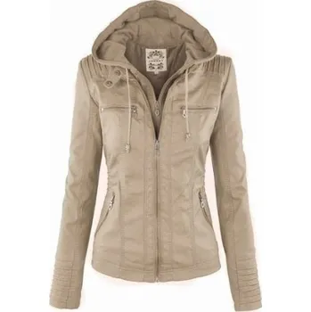 Dámský křivák Módní kožená bunda s odnímatelnou kapucí Barva: Béžová, Velikost: 3XL