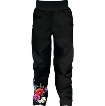 Dětské softshellové kalhoty Wamu s fleecem Luční kytky - černé velikost 128-134