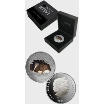 (2021) stříbrná mince 1$ (Ag, 1 oz.) - Nový Zéland - Kiwi 21 (proof) barevná