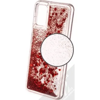 Pouzdro na mobilní telefon 1Mcz Liquid Heart Sparkle ochranný kryt s přesýpacím efektem třpytek pro Samsung Galaxy A03s červená (red)