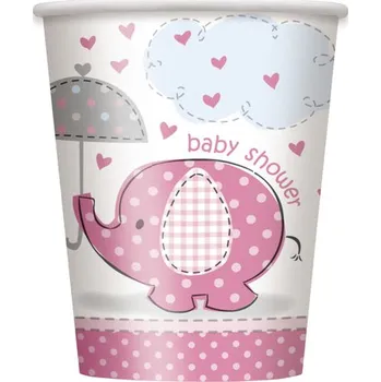 Koktejlová dekorace Unique - 8 kelímků Baby Shower s růžovým slonem - Pink Floral Elephant -