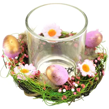 Velikonoční dekorace Svícínek se zdobeným věnečkem, růžový, Ø12 cm