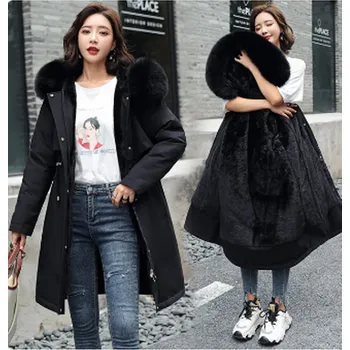 Dámský kabát Dámský zimní kabát s velkým kožešinovým límcem a vlněnou podšívkou vel. až 6XL Barva: Černá, Velikost: 6XL