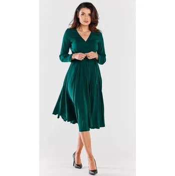 Dámské šaty Midi šaty s výstřihem a vázáním v pase A471 Barva: Zelená, Velikost: S