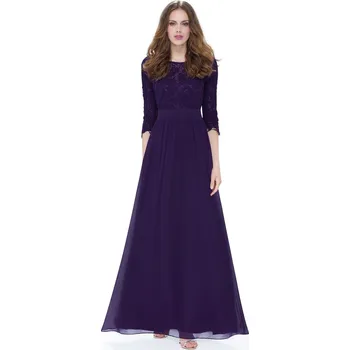 Dámské šaty Ever Pretty | Dlouhé fialové šaty s 3/4 krajkovými rukávy - 42-44