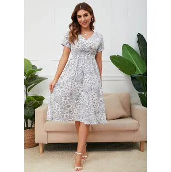 Dámské šaty Vzorované šaty s květinami a výstřihem do V Barva: Bílá, Velikost: 2XL