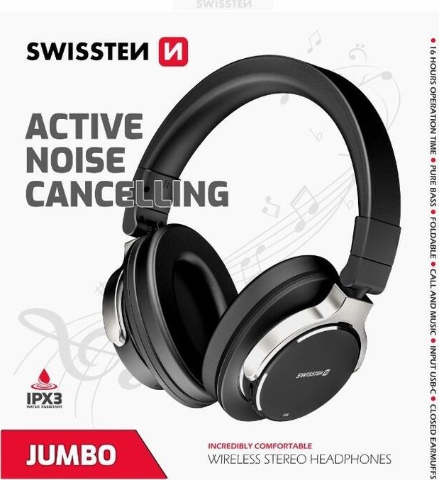 Swissten jumbo ANC bluetooth stereo sluchátka - černá