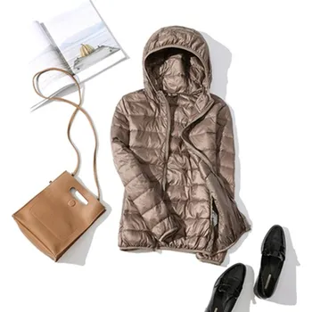 Dámská jarní/podzimní prošívaná bunda s kapucí plněná kachním peřím Barva: Khaki, Velikost: XXXL