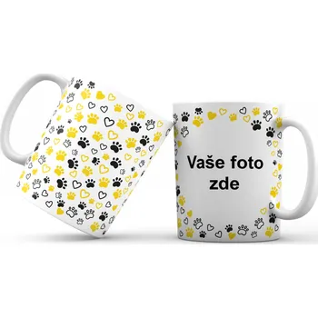 Hrneček s vlastní fotkou a tlapkami se srdíčky okolo (CELOPOTISK) - 330ml bílý Barva: Žlutá