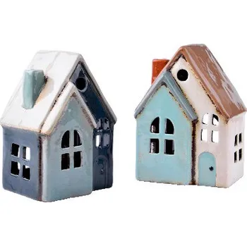 Svícen Ego Dekor Keramický domeček na čajovou svíčku DUO JAVA, modrá, 13x17x10cm|MyScandi - světlá modrá s hnědou stříškou