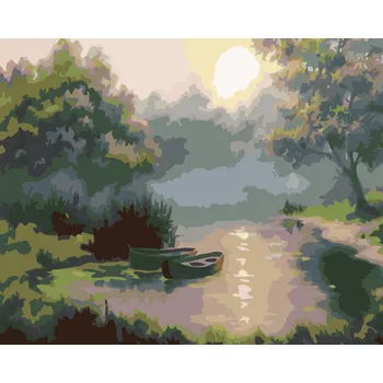 ZUTY Malování podle čísel - LOĎKY V PODZIMNÍM ÚSVITU Rozměr: 40x50 cm, Rámování: bez rámu a bez vypnutí plátna