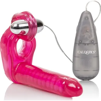 Vibrátor Penis s postrojem trojtý stimulátor vibrátor, délka 15 cm (Stimulátor pro páry, které chtějí současně stimulovat vagínu i anál. Po založení působí stimulátor jak erekční kroužek. V horní části je možné umístnit vibrační vajíčko, které stimuluje penis a ta