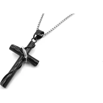Náhrdelník Steel Jewelry Náhrdelník černý křížek s kroužkem z chirurgické oceli stříbrná