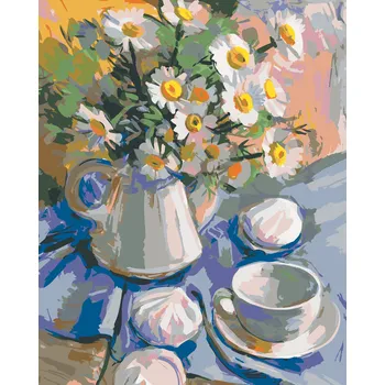 ZUTY Malování podle čísel - KOPRETINY VE VÁZE NA MODRÉM UBRUSU Rozměr: 40x50 cm, Rámování: bez rámu a bez vypnutí plátna