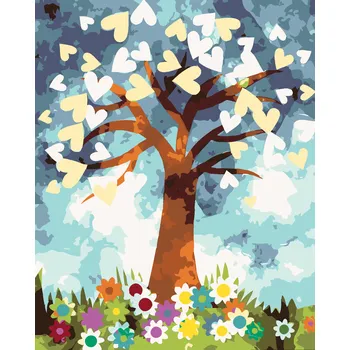 ZUTY Malování podle čísel - SRDCOVÝ STROM A KVĚTINY Rozměr: 40x50 cm, Rámování: bez rámu a bez vypnutí plátna